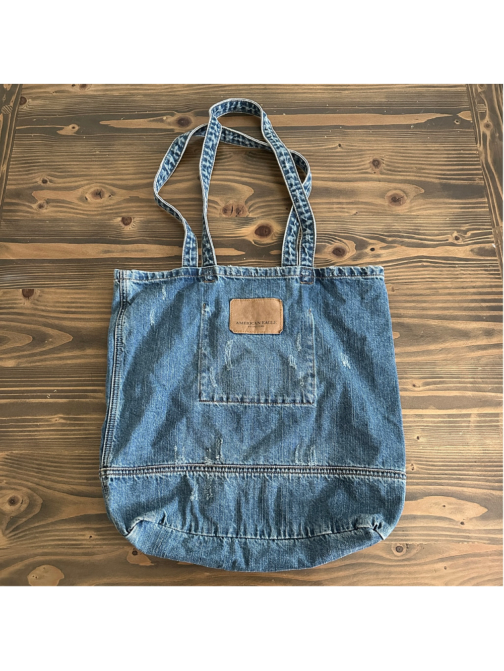 American Eagle Denim Tote Bag Blue White Distressed Y2K 90s Boho Large